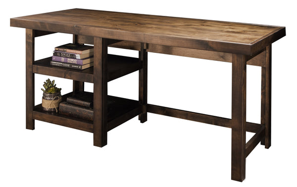 English Elm 60 Knotty Alder Workstation Desk in Whiskey Finish — Fully Assembled, Rustic Urban Style with Open Shelves for Home Office B108P160193