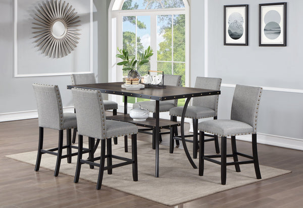 English Elm Modern Counter Height Dining Set 7pc – Natural Wood Table, 6 Gray Fabric Nailhead Chairs, Storage Shelf Elegance B011S00768