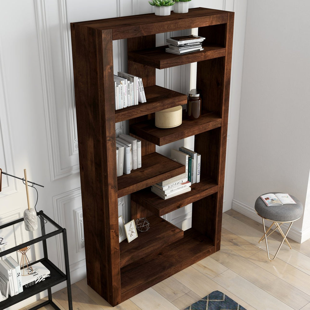 English Elm 72 Inch High 6-Shelf Bookcase in Whiskey Finish — Knotty Alder Solids, Distressed Rustic Urban Style, Fully Assembled B108P160199