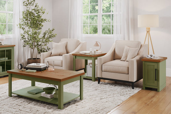 English Elm 48 Rustic Sage Green Coffee Table 48" Two-Tone Fruitwood Finish, Poplar & Alder, Fully Assembled on Casters B108P160214