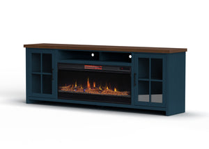 English Elm 97 Inch Fireplace TV Stand Console - Two-Tone Blue Denim & Whiskey, Poplar/Alder Build, 100" TV, 42" Electric Insert, Remote, Cable Mgmt B108P160235