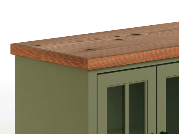 English Elm 96 96in TV Stand Console for TVs up to 100", Sage Green & Fruitwood Two-Tone, Glass Doors, Pre-Assembled, Cable Mgmt B108P160212