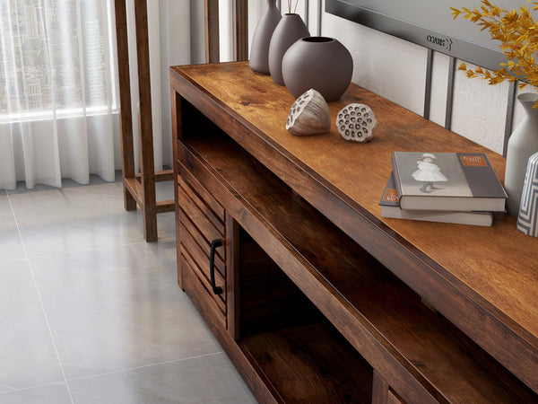 English Elm 72 72 inch TV Stand Console for TVs up to 85", Whiskey Knotty Alder, Pre-Assembled, Rustic Chic Storage B108P160186