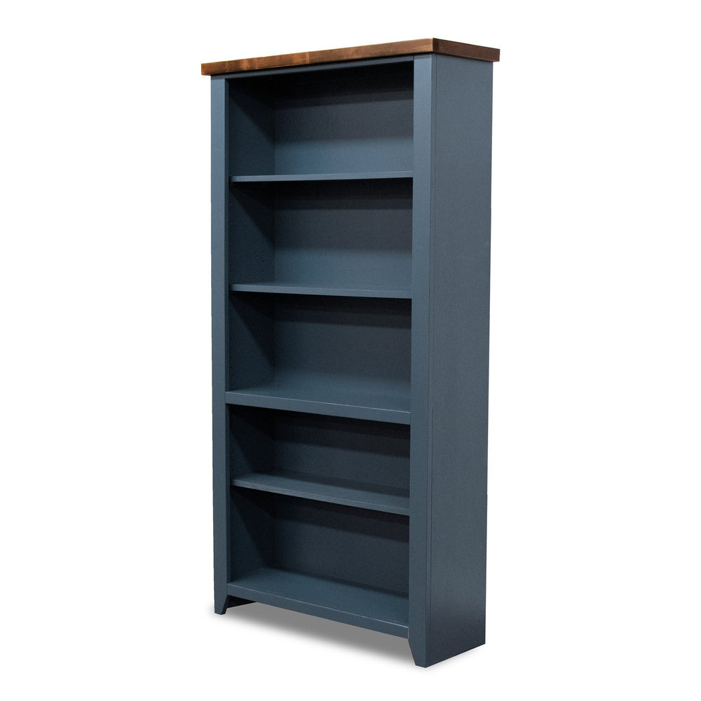 English Elm 72 72-inch High 5-Shelf Bookcase Blue Denim & Whiskey Finish Fully Assembled Modern Farmhouse Charm B108P160180