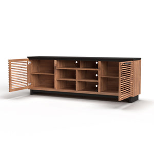 English Elm 85 Inch TV Stand Console Scandinavian Poplar & Okume Two-Tone Bourbon Black, No Assembly, Fits 95" TVs, Cable Management, Ample Storage (Fully Assembled) B108P160163