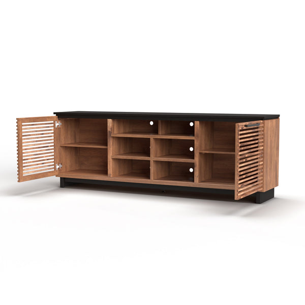 English Elm 85 Inch TV Stand Console Scandinavian Poplar & Okume Two-Tone Bourbon Black, No Assembly, Fits 95" TVs, Cable Management, Ample Storage (Fully Assembled) B108P160163