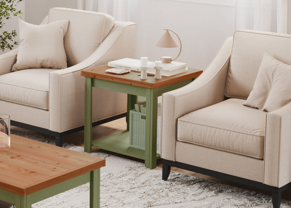 English Elm 24 inch Side Table Sage Green & Fruitwood Two-Tone Farmhouse Accent Table Fully Assembled, Rustic Chic Decor 92 B108P160213