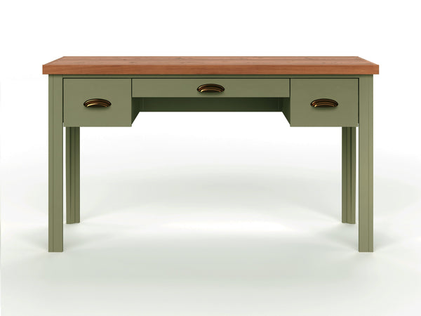 English Elm 53 Farmhouse Writing Desk 53" Two-Tone Sage Green & Fruitwood Finish, Assembled, Drawers, Bronze Hardware B108P160216