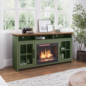 English Elm 74 Inch Fireplace TV Stand Console for TVs up to 85", Sage Green & Fruitwood, Electric Insert, Storage B108P160246