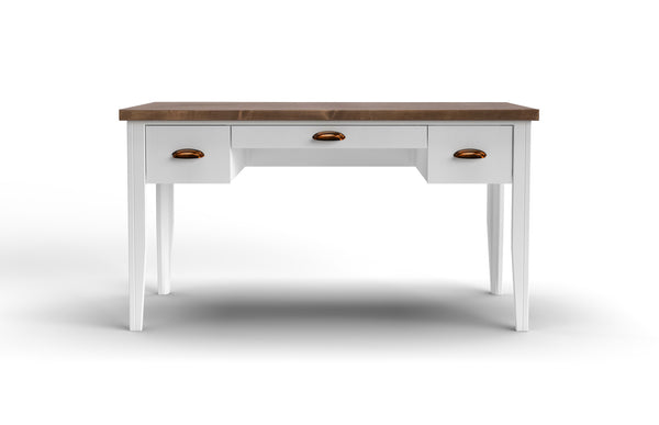 English Elm 53 Inch Writing Desk with Two-Tone Farmhouse Charm, Fully Assembled, Storage Drawers & Bronze Hardware White B108P160167