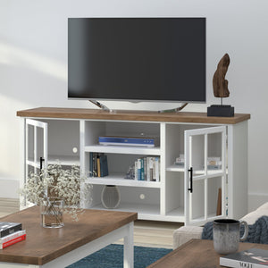 English Elm 67 Inch TV Stand Console Modern Farmhouse Two-Tone Jasmine Barnwood Finish Fully Assembled Storage and Cable Management for TVs Up to 80 Inches White B108P160165