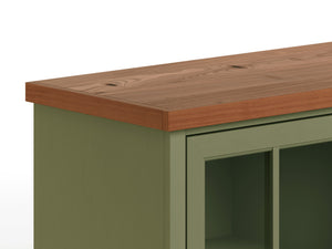 English Elm 67 Inch TV Console - Sage Green & Fruitwood Two-Tone, Fully Assembled, Glass Doors, Cable Management (Fits up to 80") B108P160211