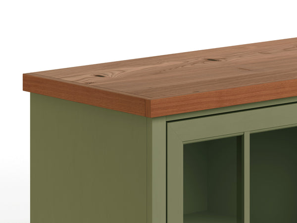 English Elm 67 Inch TV Console - Sage Green & Fruitwood Two-Tone, Fully Assembled, Glass Doors, Cable Management (Fits up to 80") B108P160211