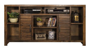 English Elm 64 Inch Whiskey TV Console for TVs up to 70" — Knotty Alder, 6 Shelves, 2 Doors, No Assembly Needed B108P160188