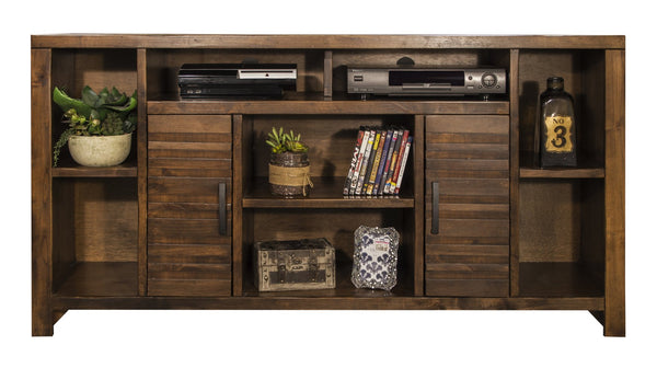 English Elm 64 Inch Whiskey TV Console for TVs up to 70" — Knotty Alder, 6 Shelves, 2 Doors, No Assembly Needed B108P160188