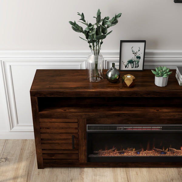 English Elm 78 78 inch Whiskey Electric Fireplace TV Stand Console for TVs to 95", Knotty Alder, Storage, Remote Heat B108P160236