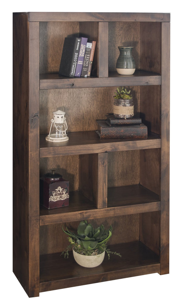 English Elm 64-inch Bookcase in Whiskey Finish — Knotty Alder Solid & Veneer, Distressed Rustic Modern Look, Fully Assembled B108P160197