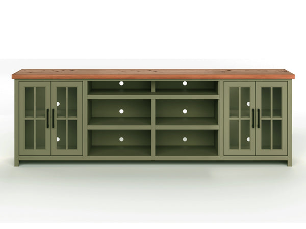 English Elm 96 96in TV Stand Console for TVs up to 100", Sage Green & Fruitwood Two-Tone, Glass Doors, Pre-Assembled, Cable Mgmt B108P160212