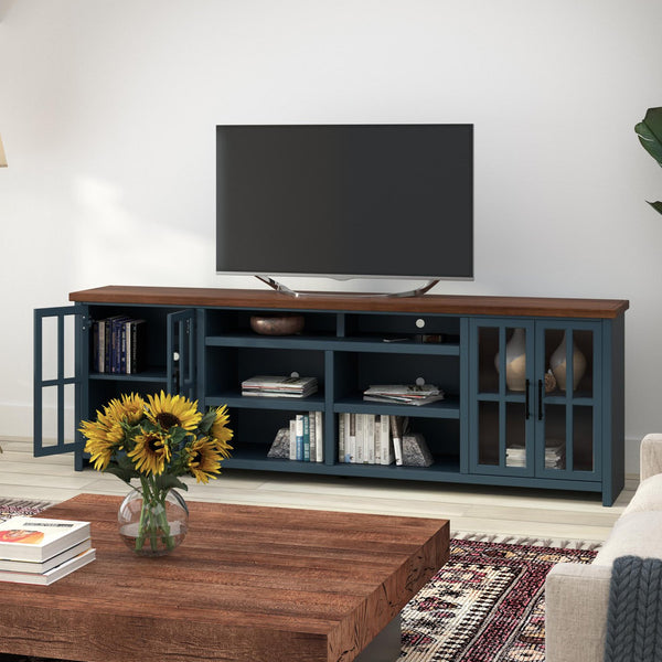 English Elm 96 inch Farmhouse TV Console for TVs up to 100" — Blue Denim & Whiskey Two-Tone, Fully Assembled, Cable Management, Glass Doors and Shelves (Oil-Rubbed Bronze) B108P160178