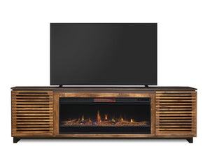 English Elm 86 Inch Electric Fireplace TV Stand Console for TVs up to 95", Two-Tone Bourbon & Black, Storage & Remote Controlled Heat B108P160228