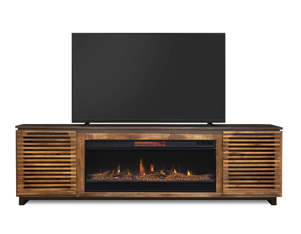 English Elm 86 Inch Electric Fireplace TV Stand Console for TVs up to 95", Two-Tone Bourbon & Black, Storage & Remote Controlled Heat B108P160228