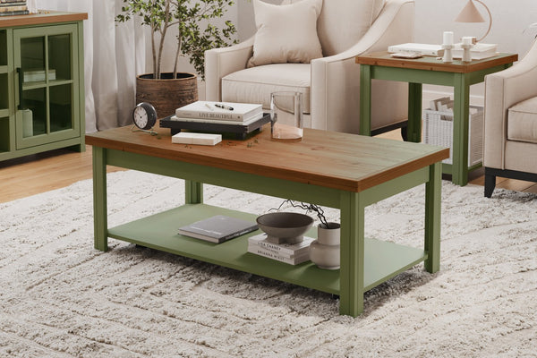 English Elm 48 Rustic Sage Green Coffee Table 48" Two-Tone Fruitwood Finish, Poplar & Alder, Fully Assembled on Casters B108P160214