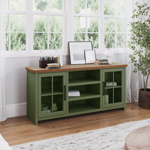 English Elm 67 Inch TV Console - Sage Green & Fruitwood Two-Tone, Fully Assembled, Glass Doors, Cable Management (Fits up to 80") B108P160211