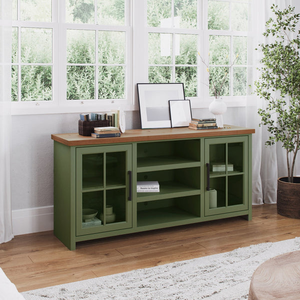 English Elm 67 Inch TV Console - Sage Green & Fruitwood Two-Tone, Fully Assembled, Glass Doors, Cable Management (Fits up to 80") B108P160211