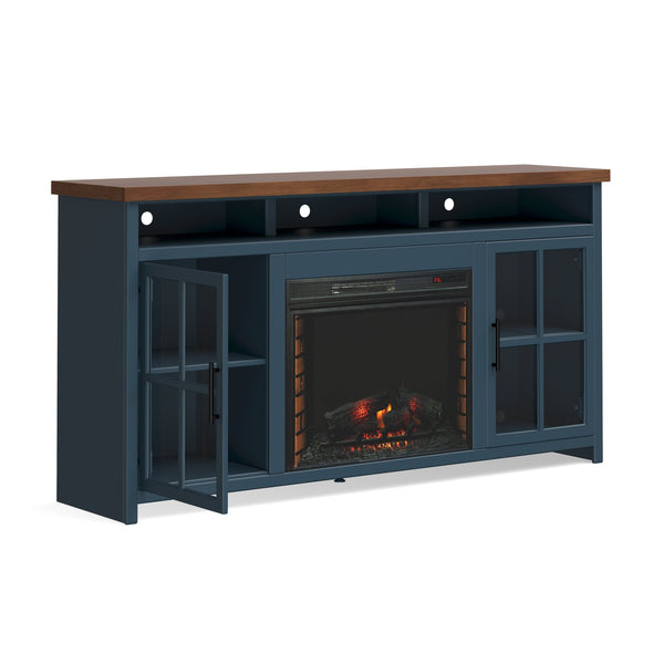 English Elm 74 Rustic Blue Denim & Whiskey Fireplace TV Stand for TVs to 85", Electric Insert, Storage, Farmhouse Charm B108P160234