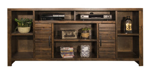 English Elm 74 Inch TV Console Whiskey Finish for TVs up to 85" — Knotty Alder, 6 Shelves, Slat Doors, No Assembly Needed B108P160189