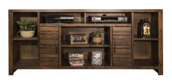 English Elm 74 Inch TV Console Whiskey Finish for TVs up to 85" — Knotty Alder, 6 Shelves, Slat Doors, No Assembly Needed B108P160189