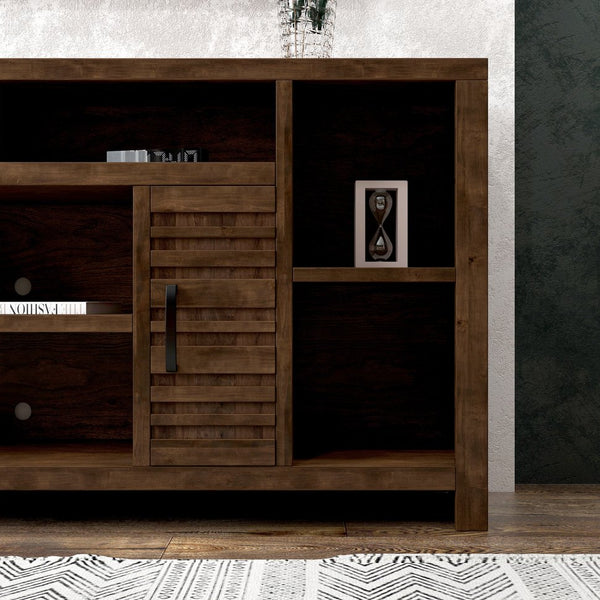 English Elm 74 Inch TV Console Whiskey Finish for TVs up to 85" — Knotty Alder, 6 Shelves, Slat Doors, No Assembly Needed B108P160189