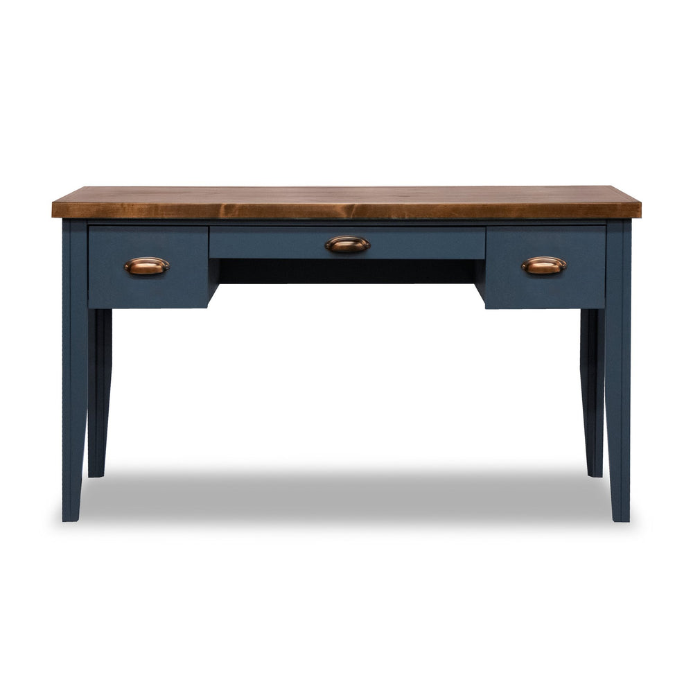 English Elm 53 Inch Writing Desk with Two-Tone Farmhouse Charm, Fully Assembled, Storage Drawers & Bronze Hardware Blue B108P160179