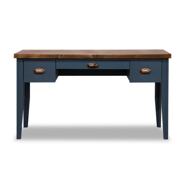 English Elm 53 Inch Writing Desk with Two-Tone Farmhouse Charm, Fully Assembled, Storage Drawers & Bronze Hardware Blue B108P160179