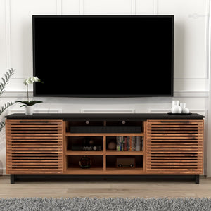 English Elm 85 Inch TV Stand Console Scandinavian Poplar & Okume Two-Tone Bourbon Black, No Assembly, Fits 95" TVs, Cable Management, Ample Storage (Fully Assembled) B108P160163