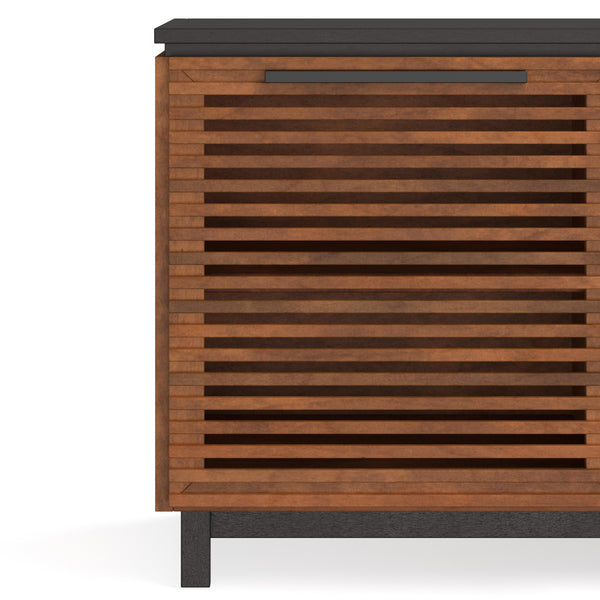 English Elm 85 Inch TV Stand Console Scandinavian Poplar & Okume Two-Tone Bourbon Black, No Assembly, Fits 95" TVs, Cable Management, Ample Storage (Fully Assembled) B108P160163