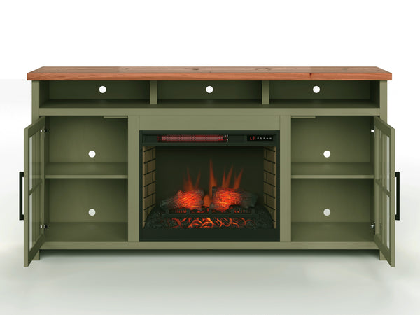 English Elm 74 Inch Fireplace TV Stand Console for TVs up to 85", Sage Green & Fruitwood, Electric Insert, Storage B108P160246