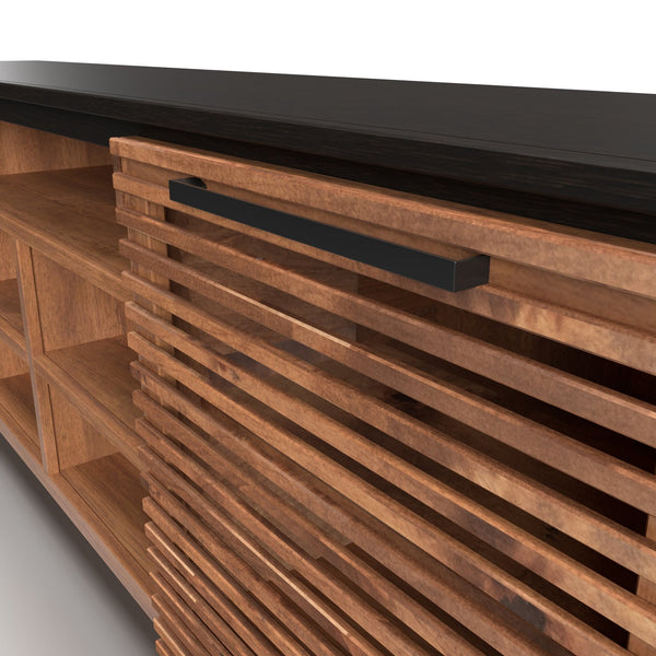 English Elm 85 Inch TV Stand Console Scandinavian Poplar & Okume Two-Tone Bourbon Black, No Assembly, Fits 95" TVs, Cable Management, Ample Storage (Fully Assembled) B108P160163