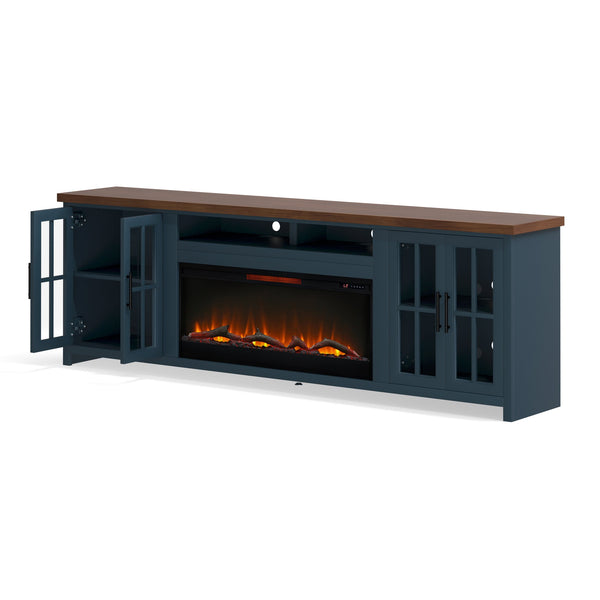 English Elm 97 Inch Fireplace TV Stand Console - Two-Tone Blue Denim & Whiskey, Poplar/Alder Build, 100" TV, 42" Electric Insert, Remote, Cable Mgmt B108P160235