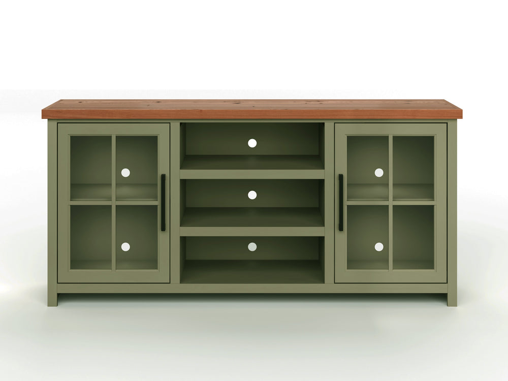 English Elm 67 Inch TV Console - Sage Green & Fruitwood Two-Tone, Fully Assembled, Glass Doors, Cable Management (Fits up to 80") B108P160211
