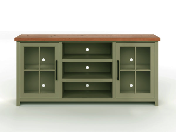 English Elm 67 Inch TV Console - Sage Green & Fruitwood Two-Tone, Fully Assembled, Glass Doors, Cable Management (Fits up to 80") B108P160211