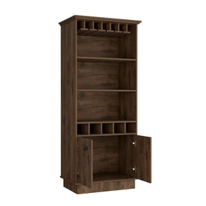 English Elm Bar Cabinet Taholah Dark Brown – Engineered Wood Bar with Glass Rack, Concealed Storage & Shelves for Entertaining (68.5"x22") B092S00256