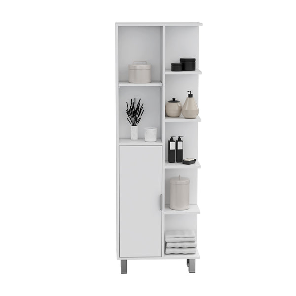 English Elm Linen Cabinet Derby Tall White Engineered Wood - Open Shelves, Concealed Storage, Elevated Legs, Durable B092P160281