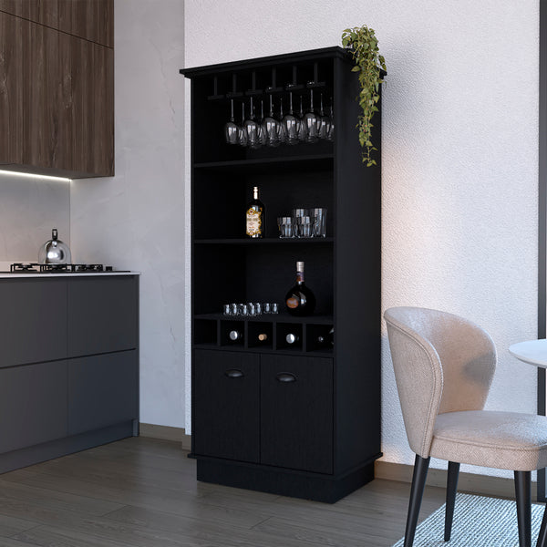 English Elm Bar Cabinet Taholah Black Engineered Wood with Glassware Rack, Concealed Storage & Versatile Shelving B092S00257