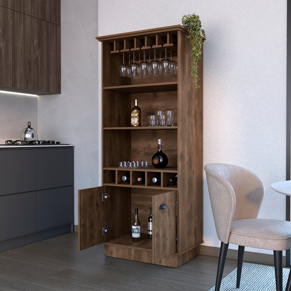English Elm Bar Cabinet Taholah Dark Brown – Engineered Wood Bar with Glass Rack, Concealed Storage & Shelves for Entertaining (68.5"x22") B092S00256