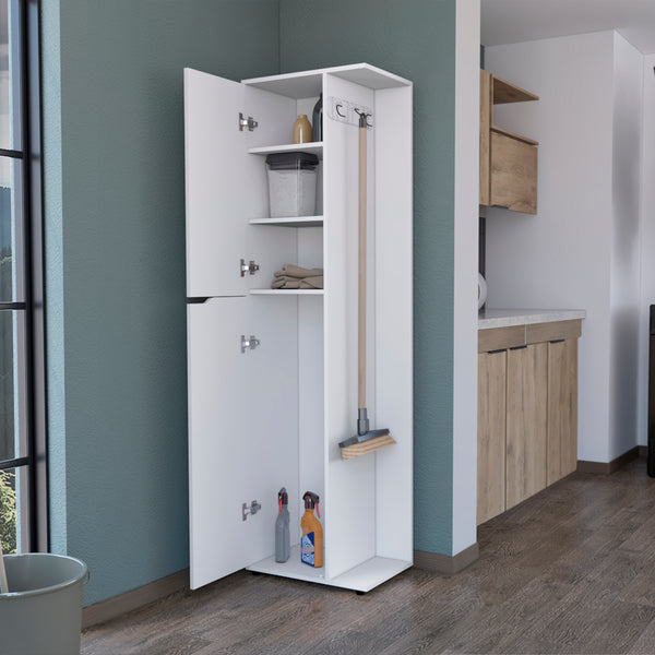 English Elm Broom Tall Storage Cabinet Edmond White - 69.5" High Engineered Wood, Durable, Easy Assembly, Sleek Design B092S00258