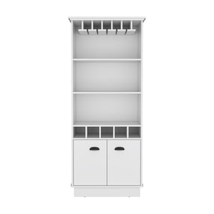 English Elm Bar Cabinet Taholah White — Engineered Wood Bar with Hanging Glass Rack, Concealed Storage & Shelves B092S00255