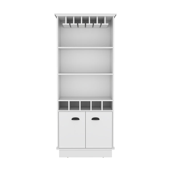 English Elm Bar Cabinet Taholah White — Engineered Wood Bar with Hanging Glass Rack, Concealed Storage & Shelves B092S00255