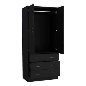 English Elm Armoire Ramey Black: Engineered Wood Closet with Full Hanging Rod, 3 Smooth Drawers & Modern Handles B092S00252