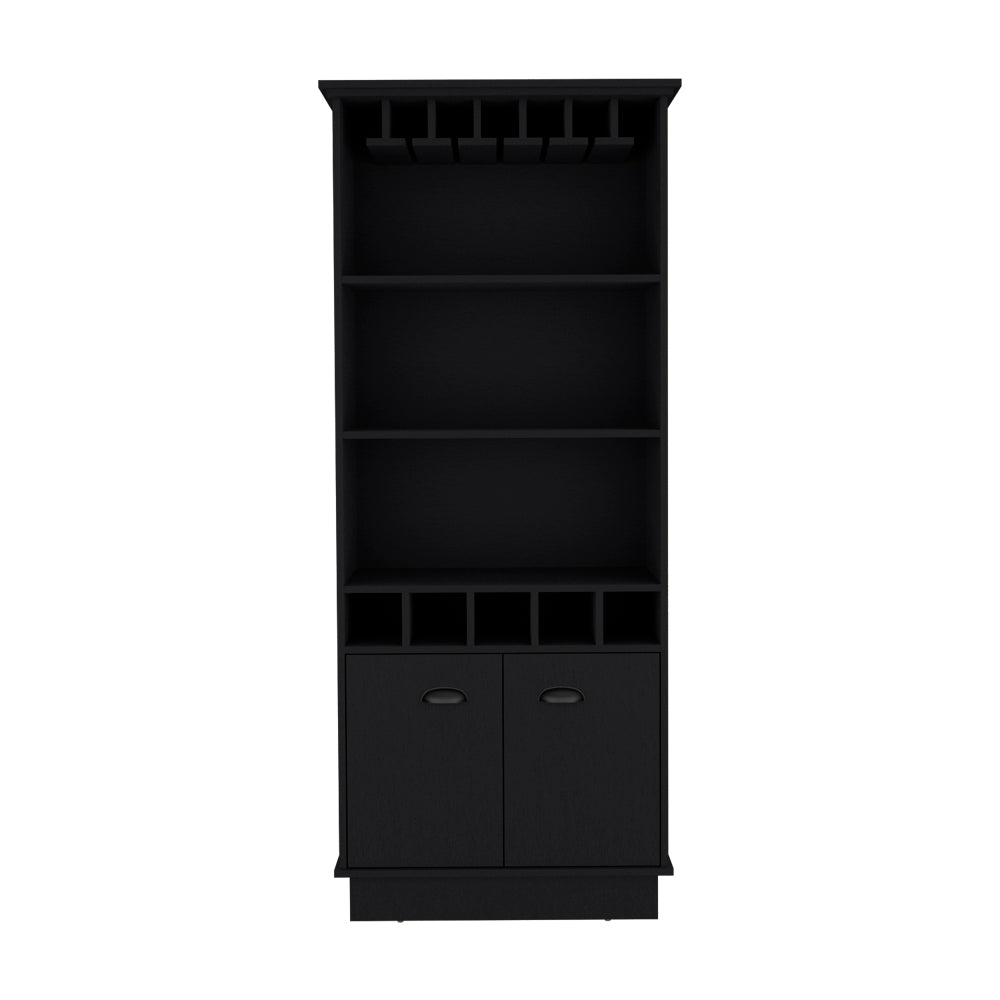 English Elm Bar Cabinet Taholah Black Engineered Wood with Glassware Rack, Concealed Storage & Versatile Shelving B092S00257